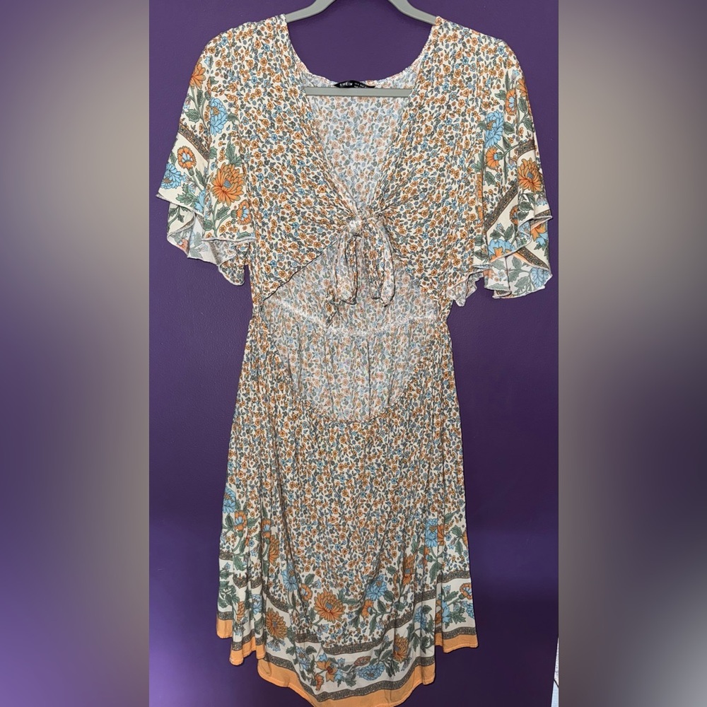 Floral Print Dress with Blue and Orange Accents